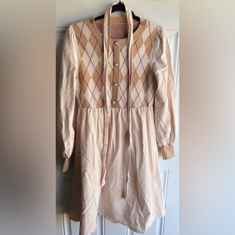 Argyle Patterned Dress with Pearl Buttons